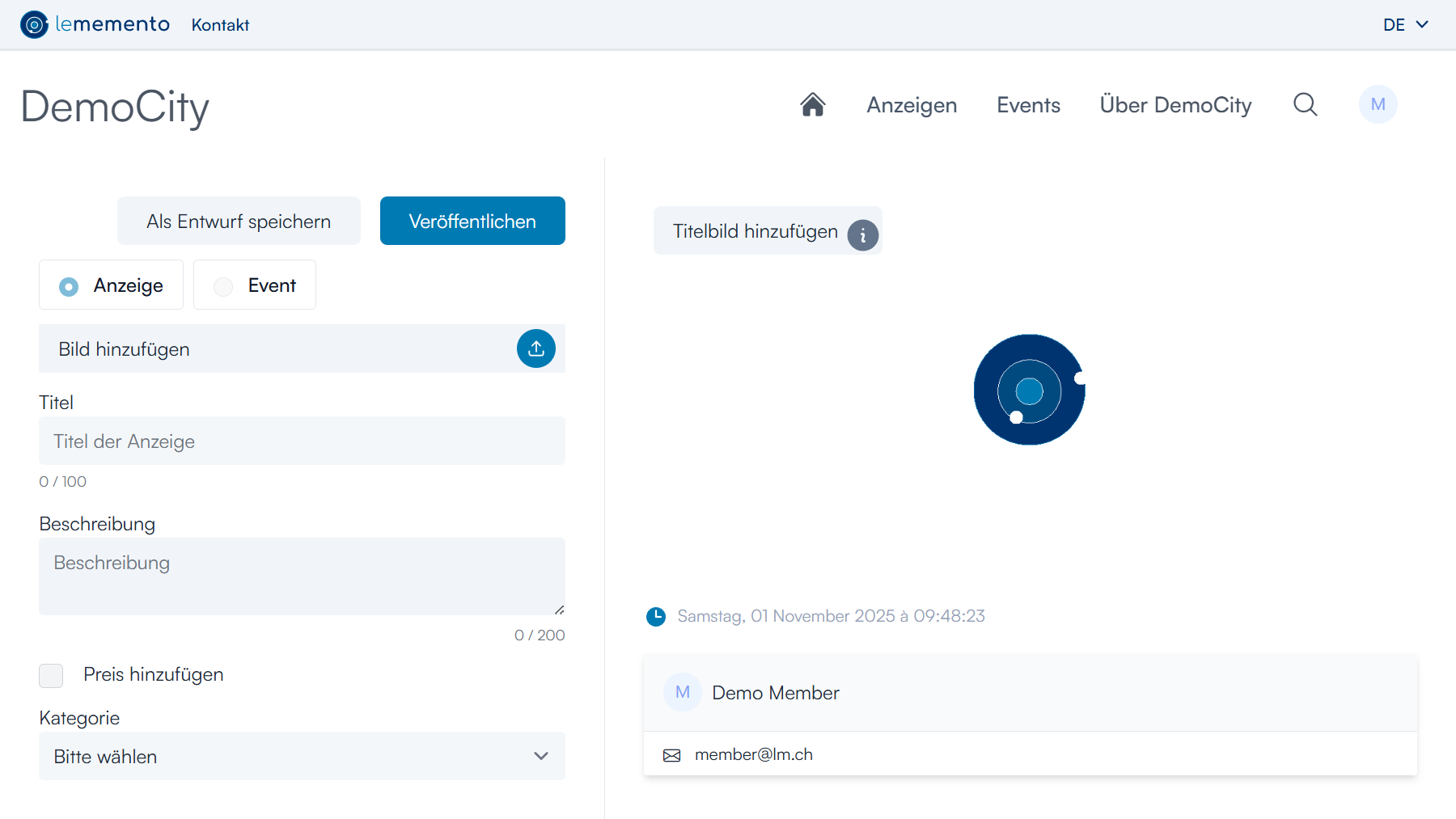 Maske zum Erstellen einer neuen Anzeige
