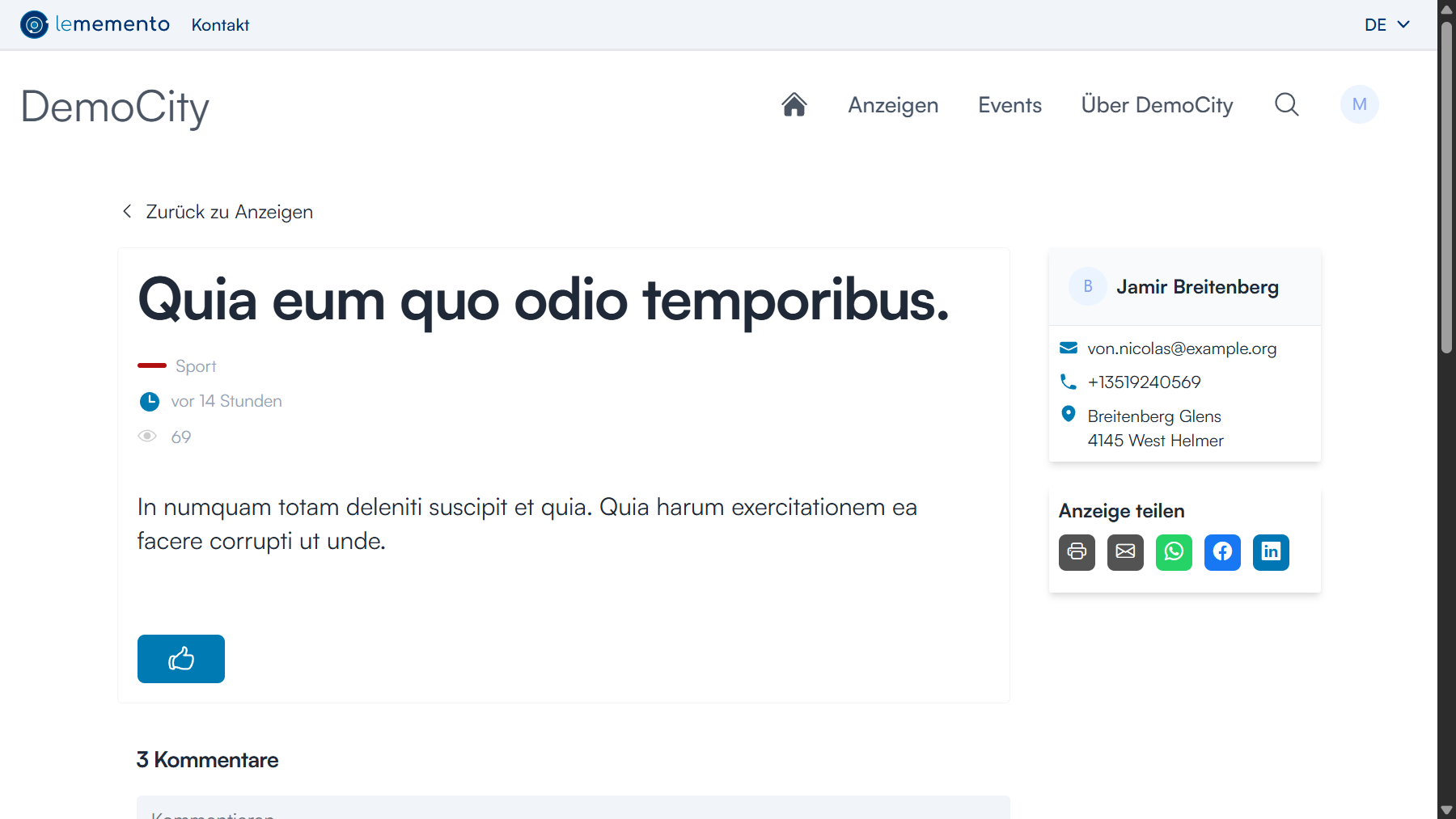 Detailseite einer Anzeige