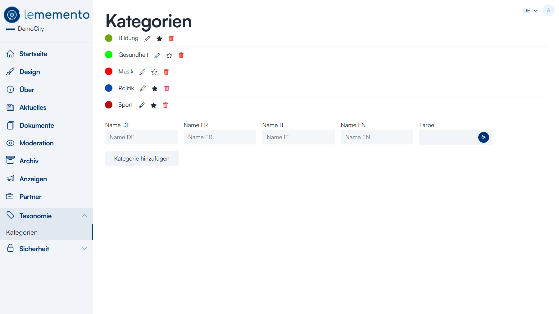 Admin-Seite zur Bearbeitung der Kategorien