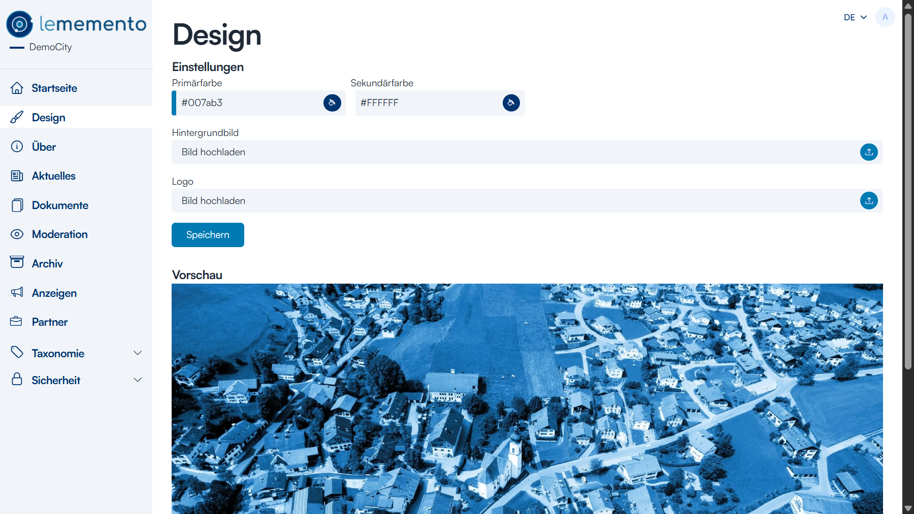 Admin-Seite zur Bearbeitung des Designs